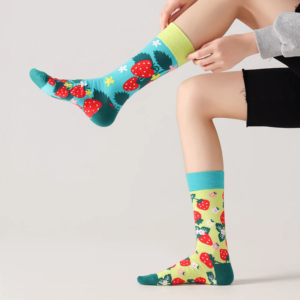 Cotton Blend Strawberry Print Mid Calf Socks - 5