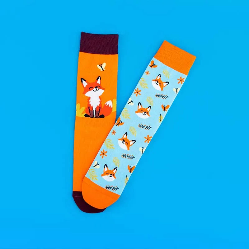 Fox Print Cotton Blend Asymmetric Casual Middle Tube Socks - 3