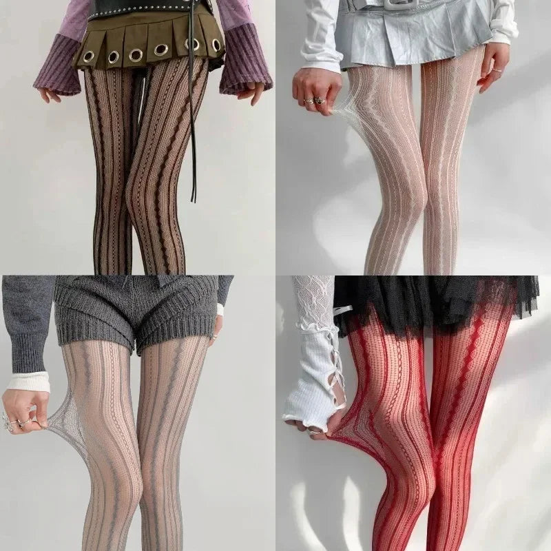 Red Nylon Striped Fishnet Tights for Women - 3