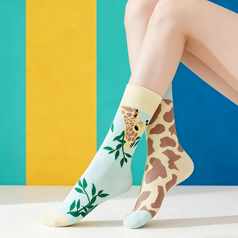 Cotton Blend Giraffe Print Mid Calf Socks - 3