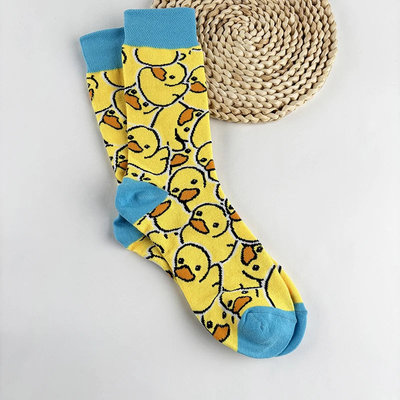 Yellow Duck Print Polyester Elastane Crew Socks