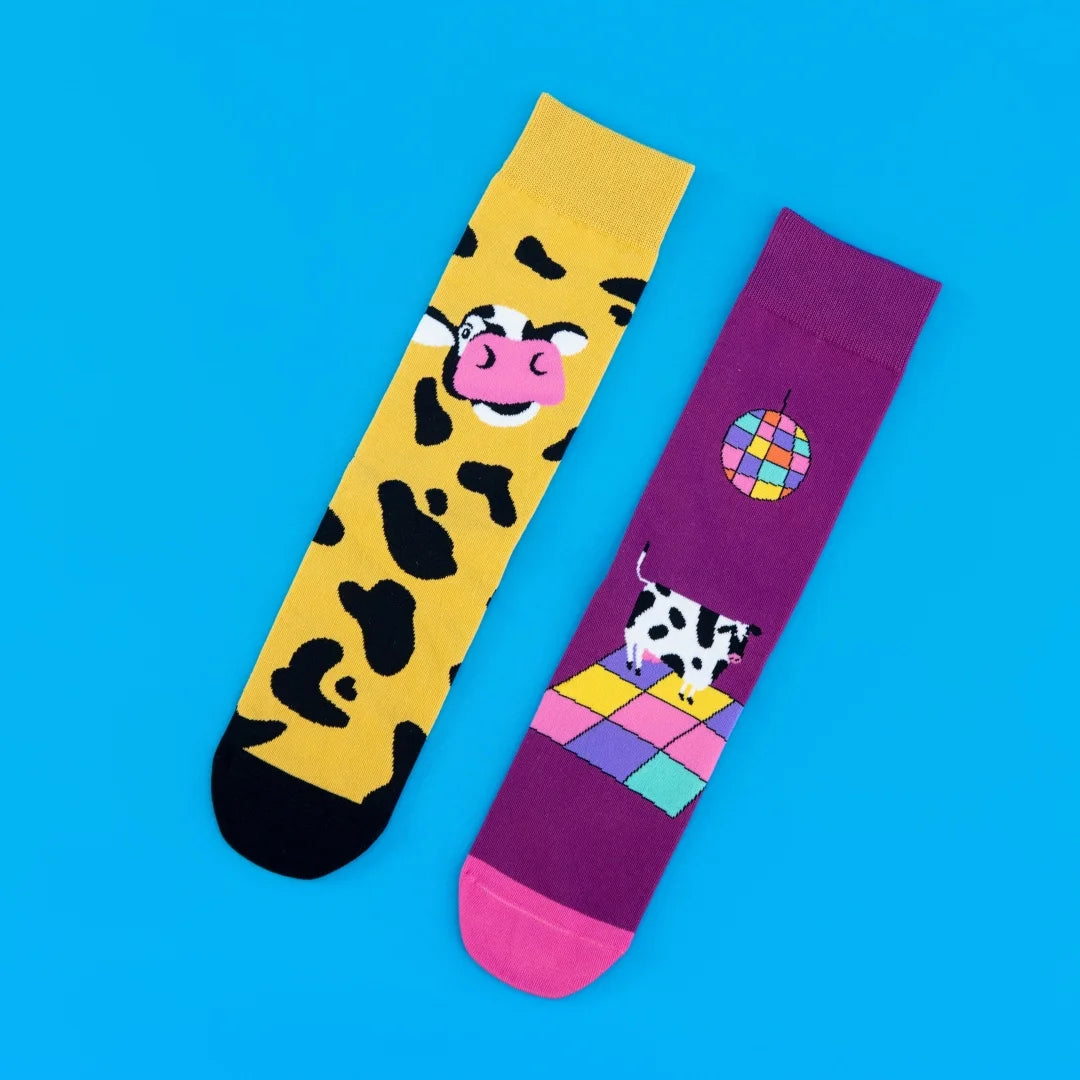 Cotton Blend Disco Cow Pattern Crew Socks - 8
