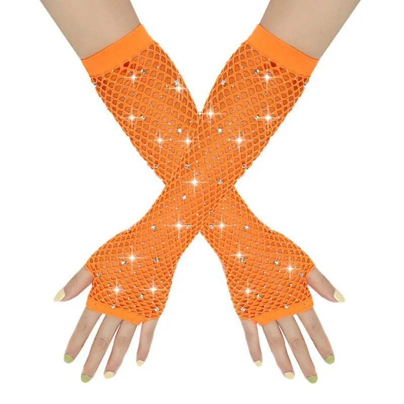 Nylon Elastane Rhinestone Fishnet Fingerless Gloves - 23