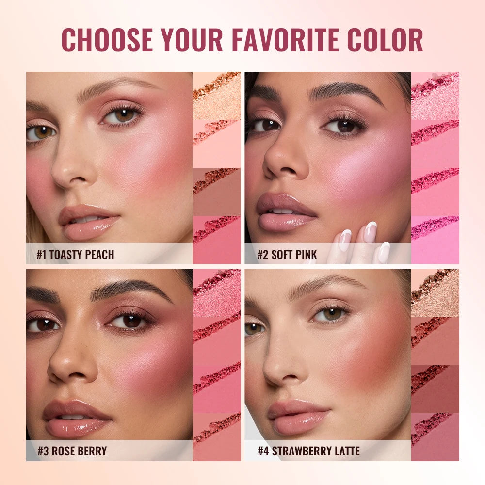 4 Color Matte Powder Blush Palette with Makeup Brush