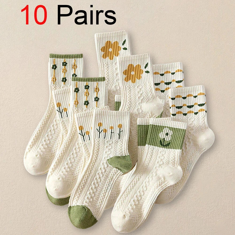 10 Pairs Floral Print Polyester Casual Mid Tube Socks
