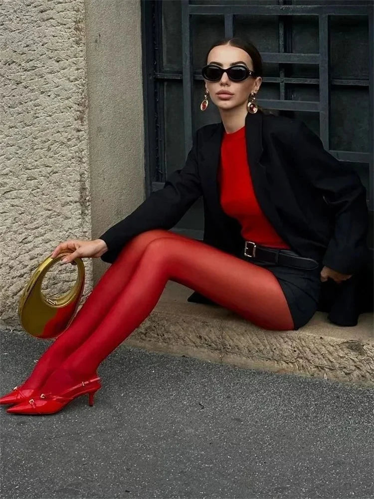 Red Nylon Polyester Slim Tights