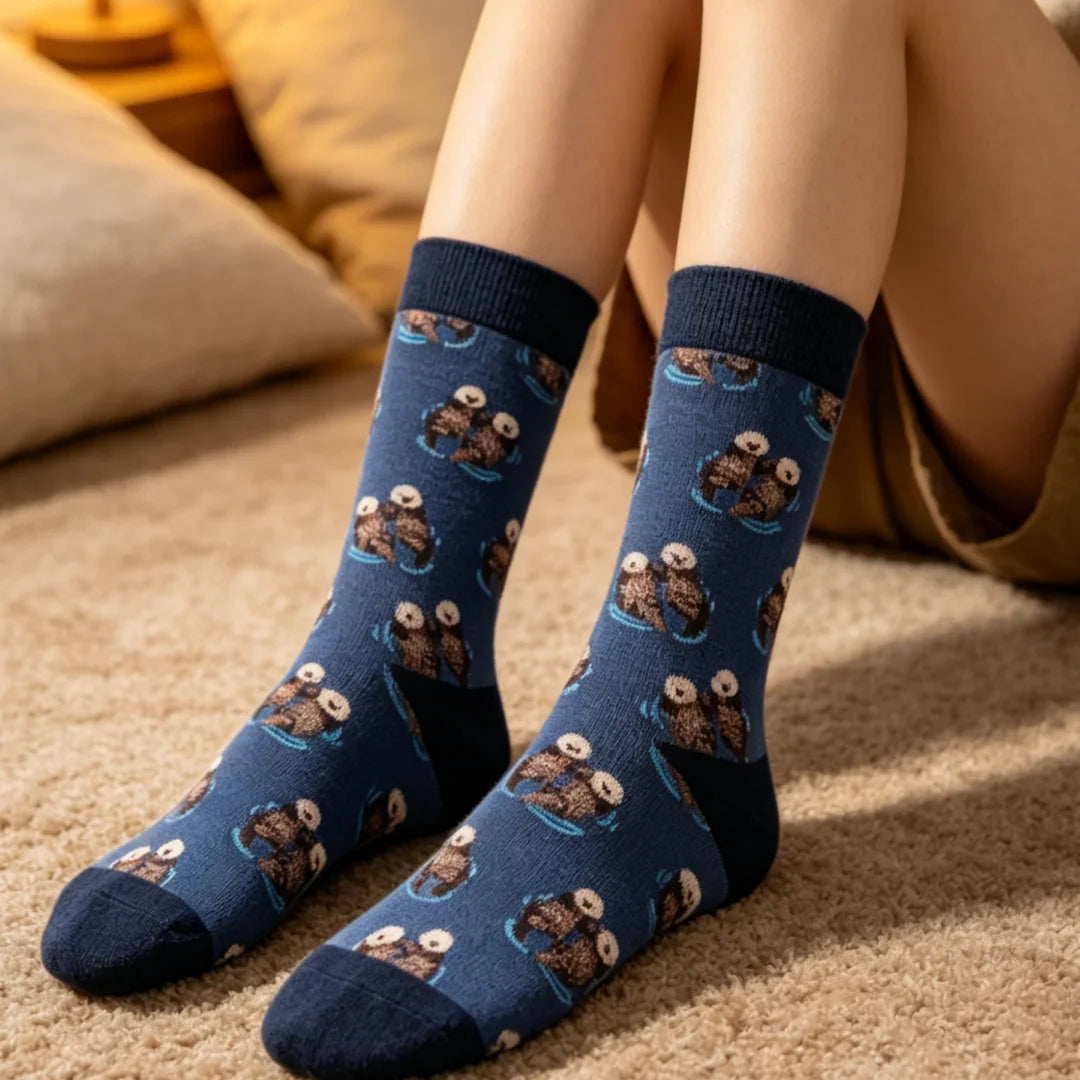 Cotton Blend Otter Print Unisex Mid Calf Socks - 9