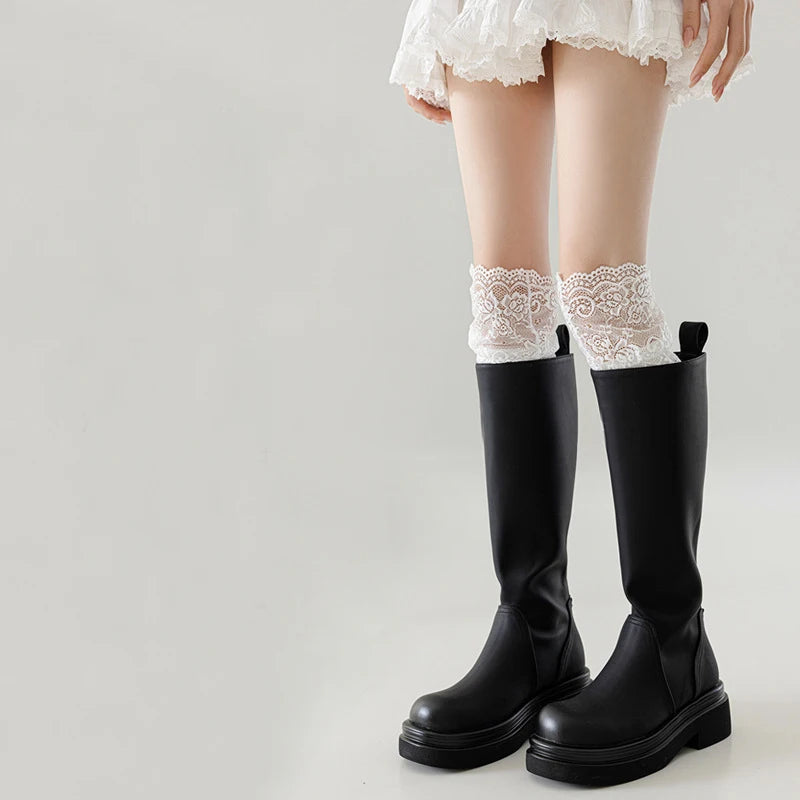 Polyester Spandex Floral Lace Hollow Knit Mid Tube Casual Socks