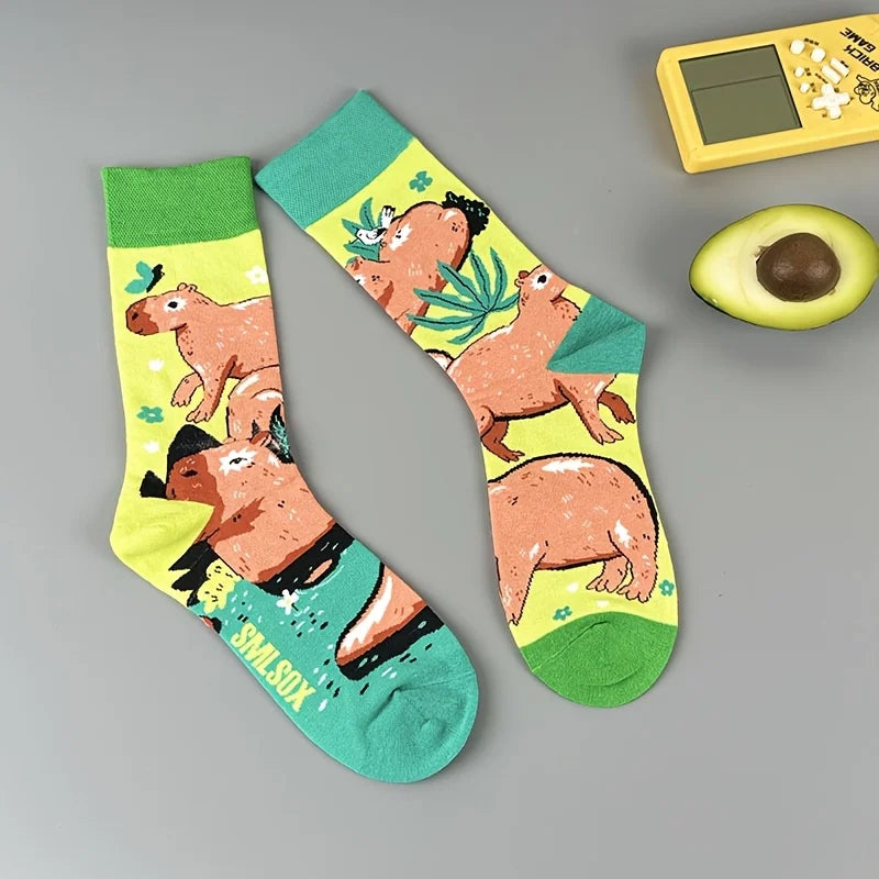 Cotton Blend Capybara Print Casual Mid Calf Socks