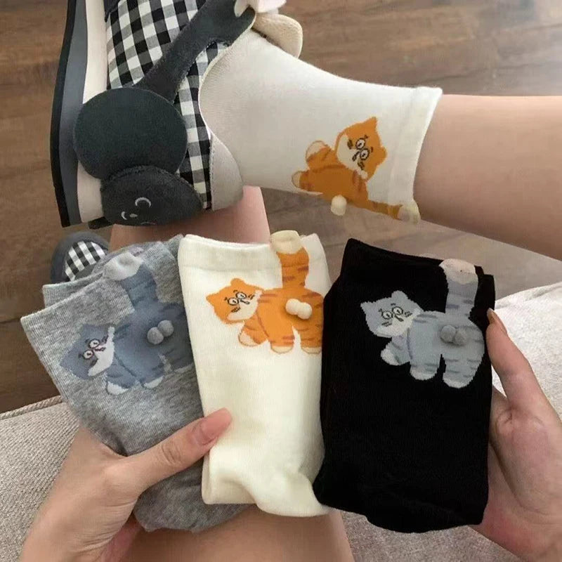 Polyester Elastane Kitten Pattern Mid Tube Socks - 7