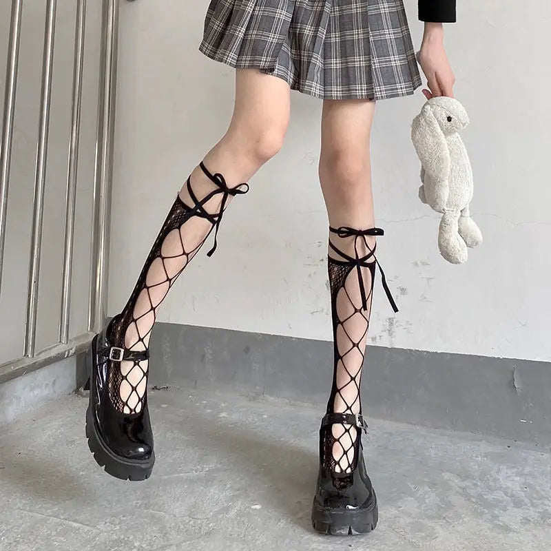 Floral Lace Mesh Stockings With Ribbon Ties