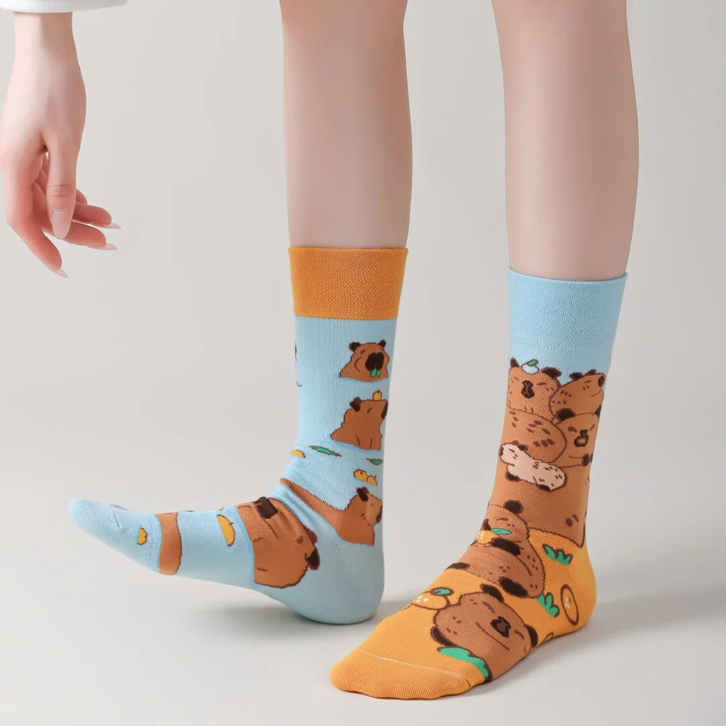Cotton Blend Capybara Pattern Mid Calf Socks