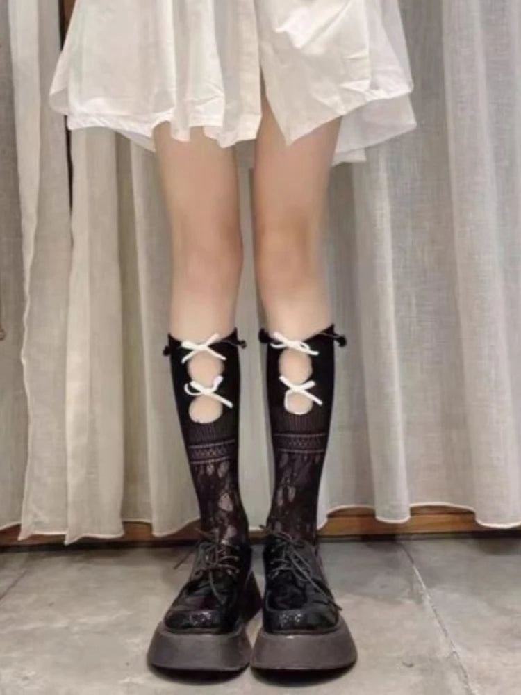 Nylon Elastane Ruffle Bowknot Calf Socks