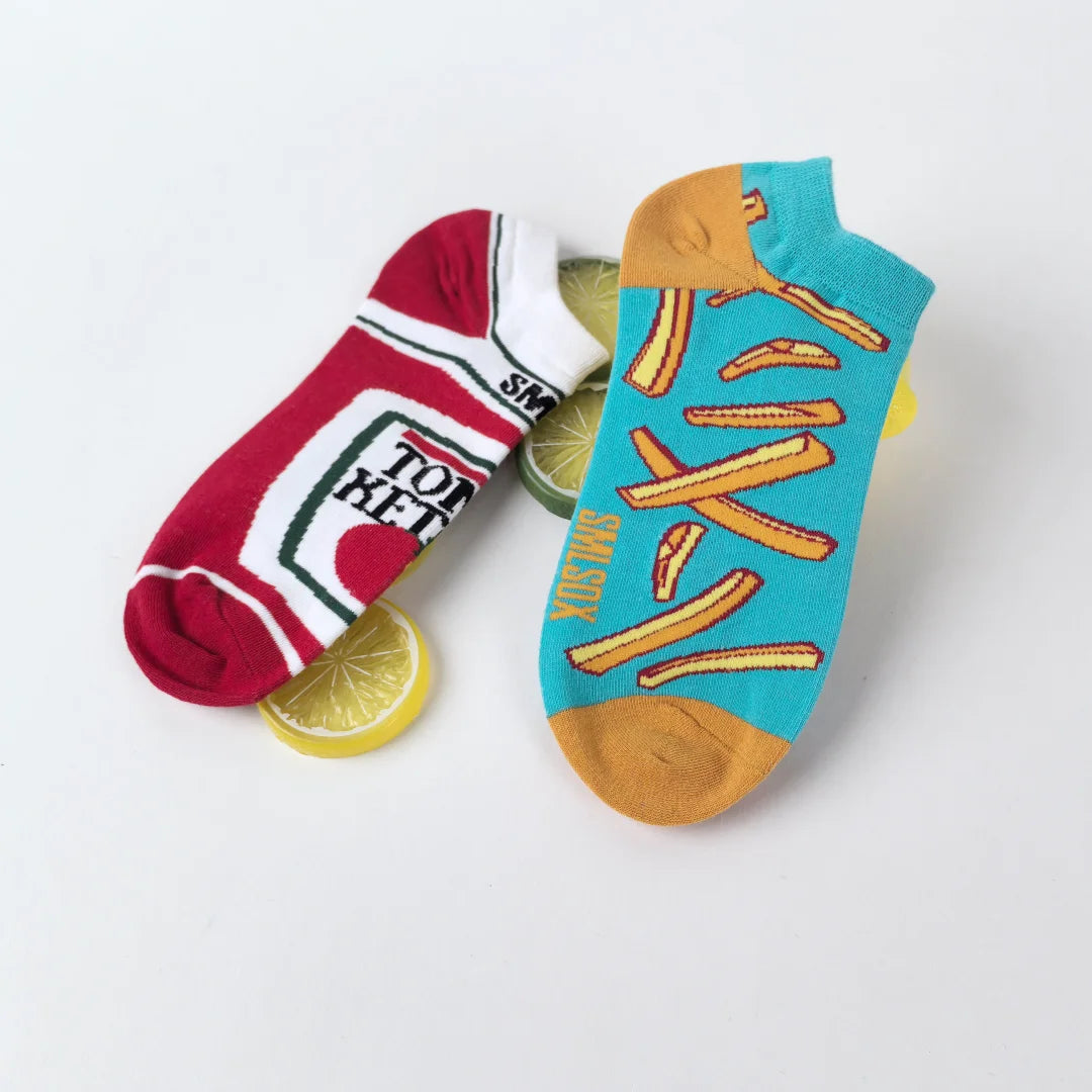 Cotton Blend Unisex Novelty French Fry And Ketchup Pattern Ankle Socks