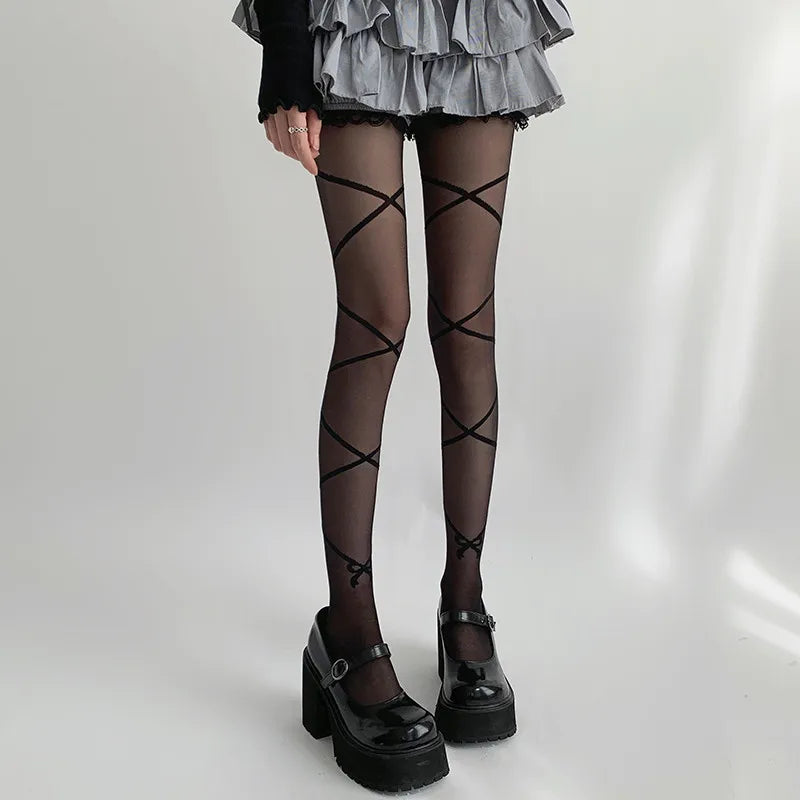 Nylon Cross Strap Ballet Style Pantyhose Tights