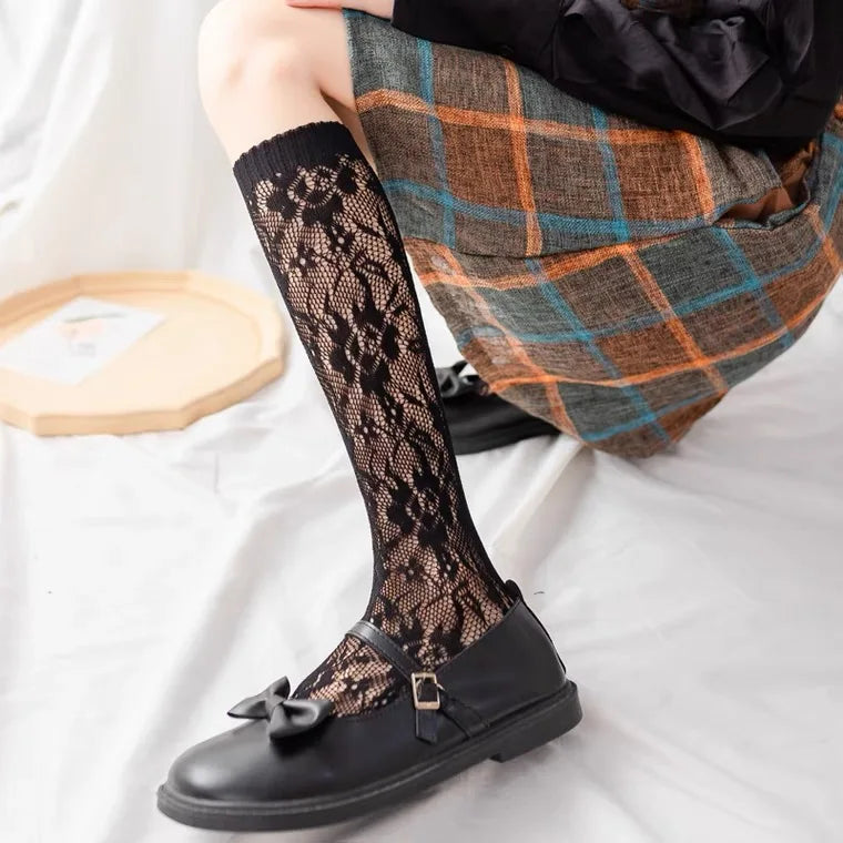 Floral Lace Calf Socks Women Nylon Knit Hosiery - 8