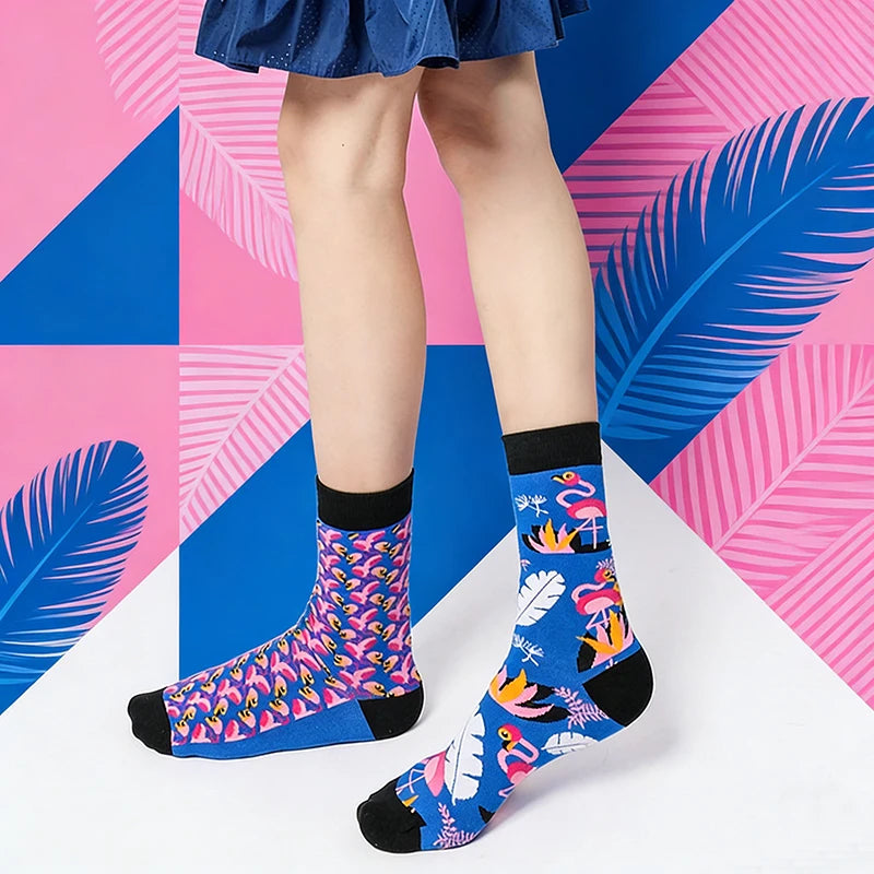 Cotton Blend Flamingo Print Mid Calf Casual Socks