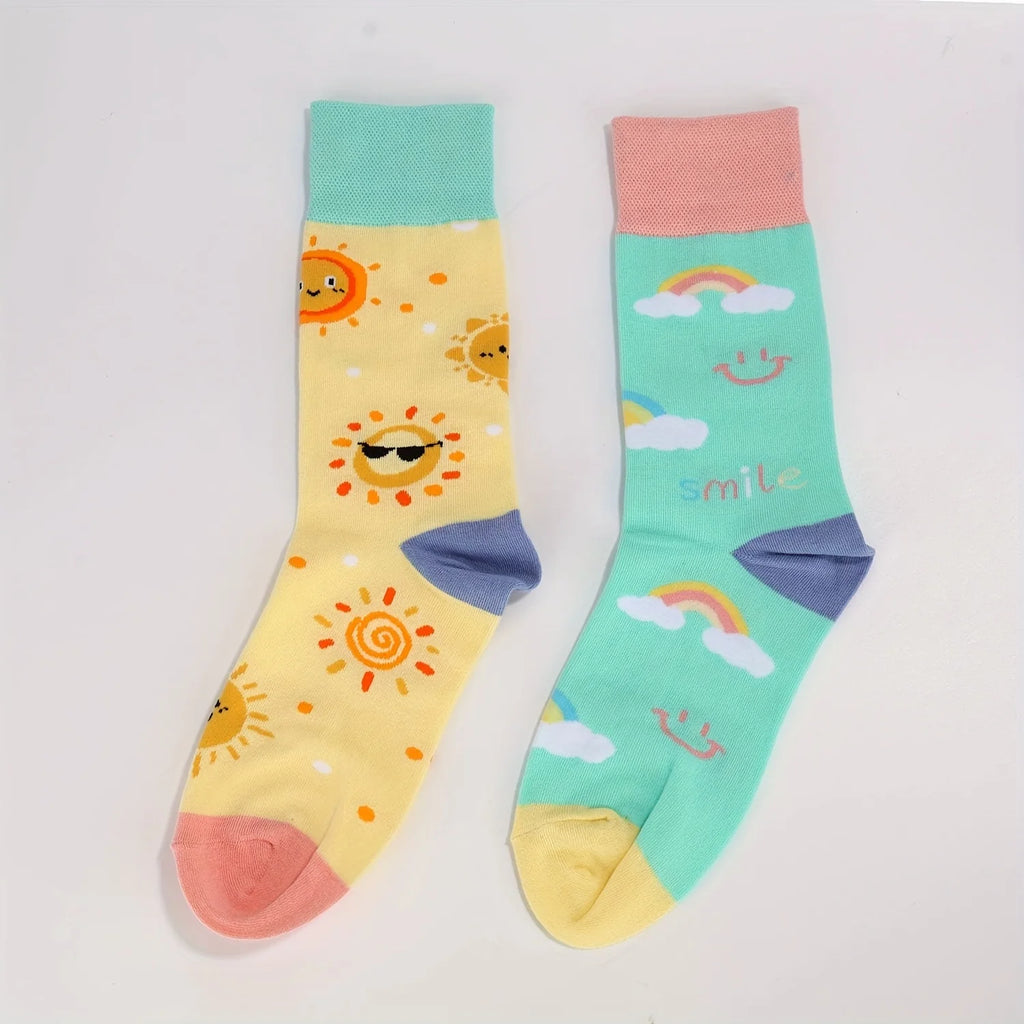 Cotton Blend Sun and Rainbow Print Mid Tube Casual Socks