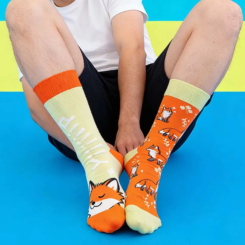 Cotton Blend Unisex Fox Pattern Crew Socks