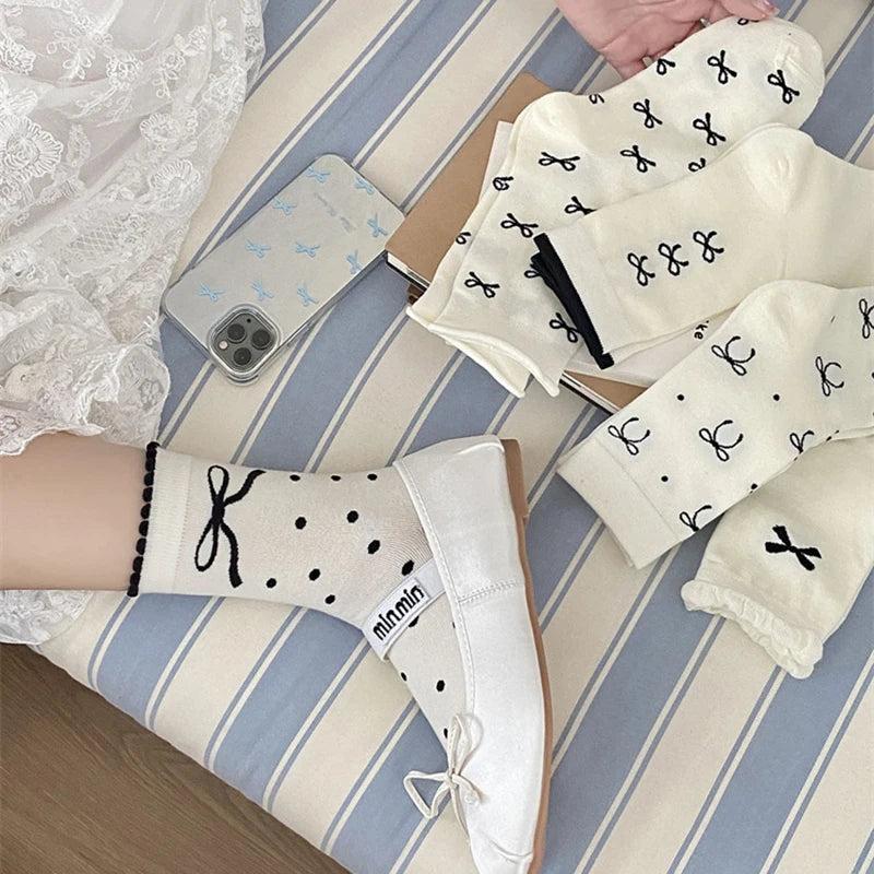 Polyester Elastane Bow Tie Casual Middle Tube Socks
