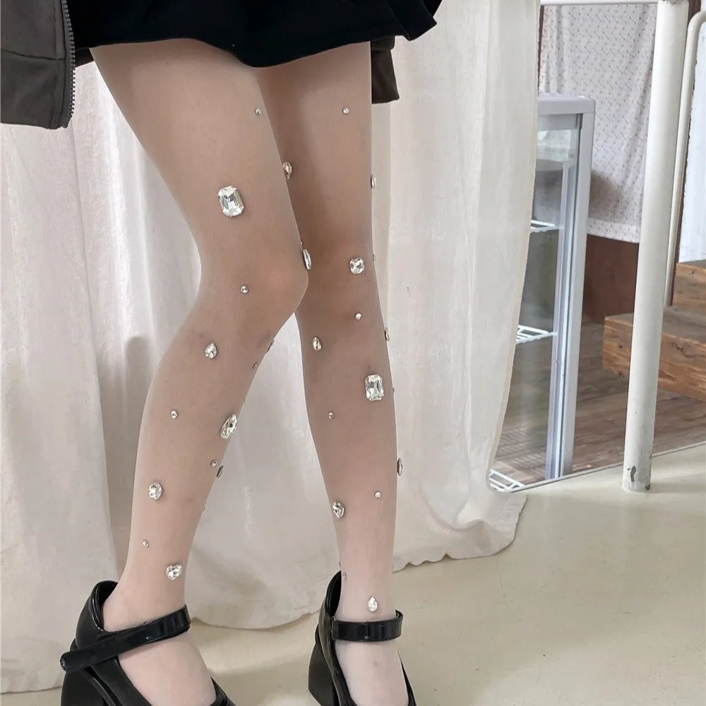 Rhinestone Embellished Nylon Elastic Tights - 4