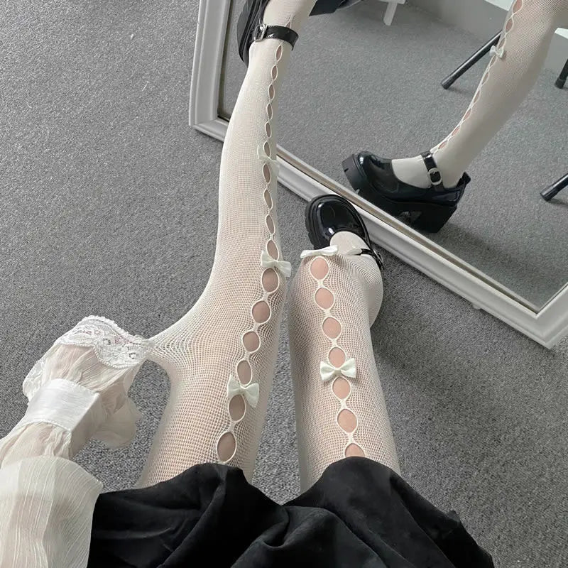 Polyester Nylon Bowknot Hollow Out Tights