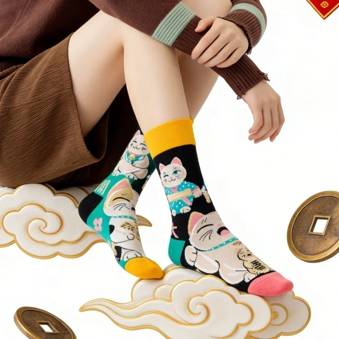 Lucky Cat Cotton Blend Casual Crew Socks - 1