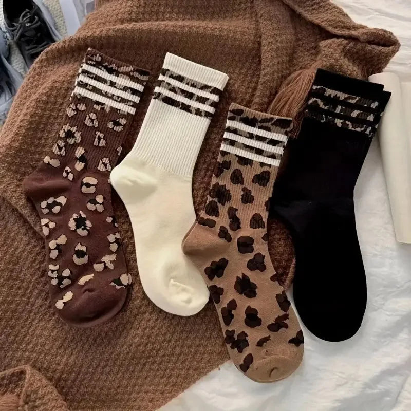 Polyester Leopard Print Mid Calf Casual Socks