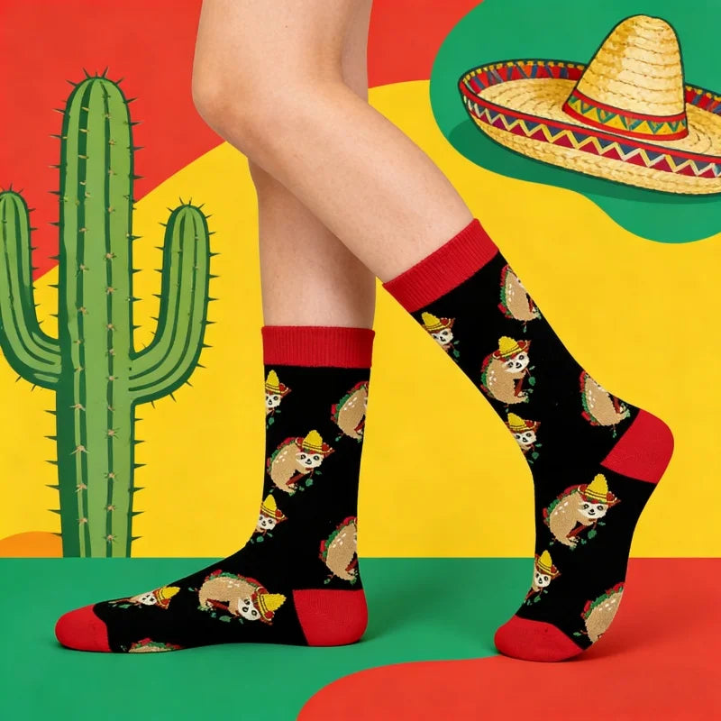 Polyester Elastane Sloth Pattern Mid Calf Casual Socks