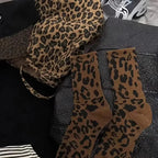 Leopard Print Polyester Spandex Mid Tube Socks 6 Pair Set