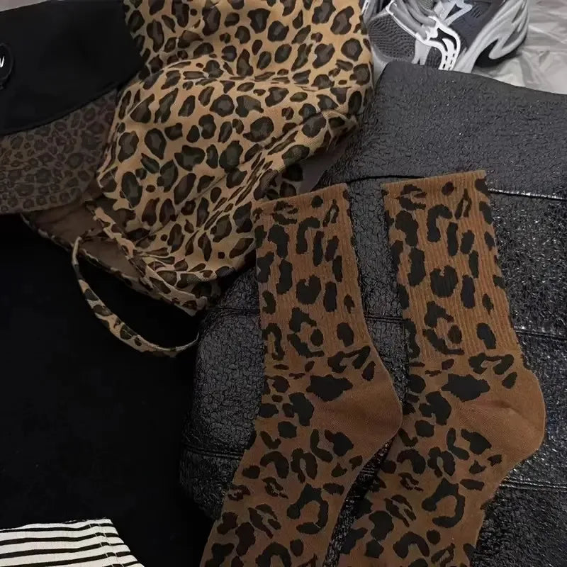 Leopard Print Polyester Spandex Mid Tube Socks 6 Pair Set