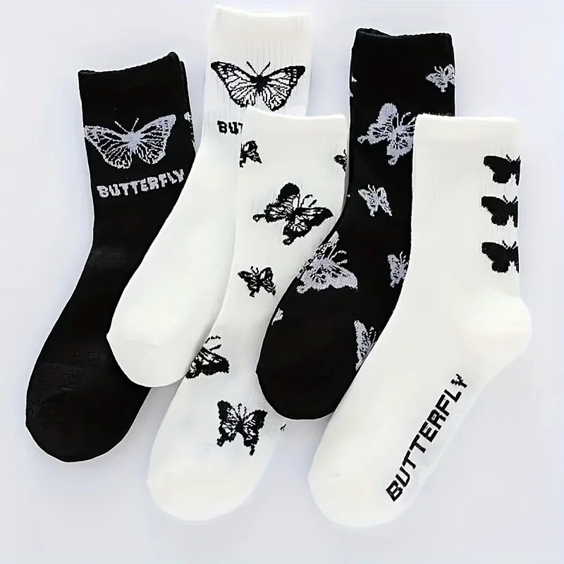Butterfly Pattern Mid Length Polyester Elastane Socks Set