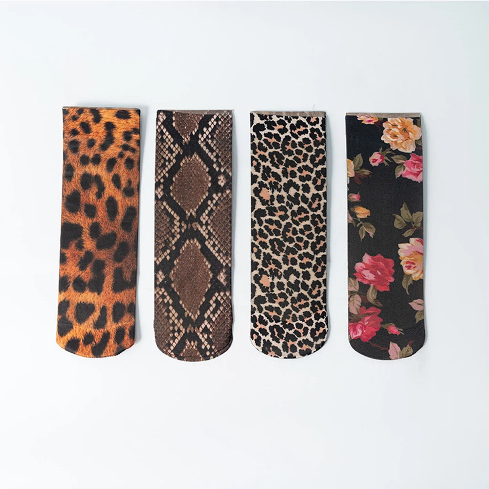 4 Pairs Womens Nylon Elastane Leopard Print Casual Socks