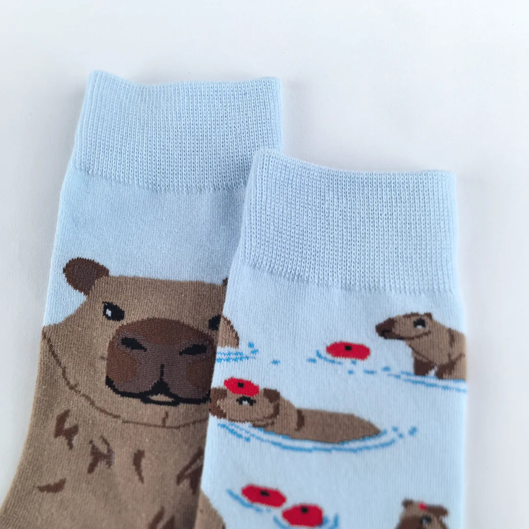 Cotton Blend Capybara Pattern Mid Calf Socks