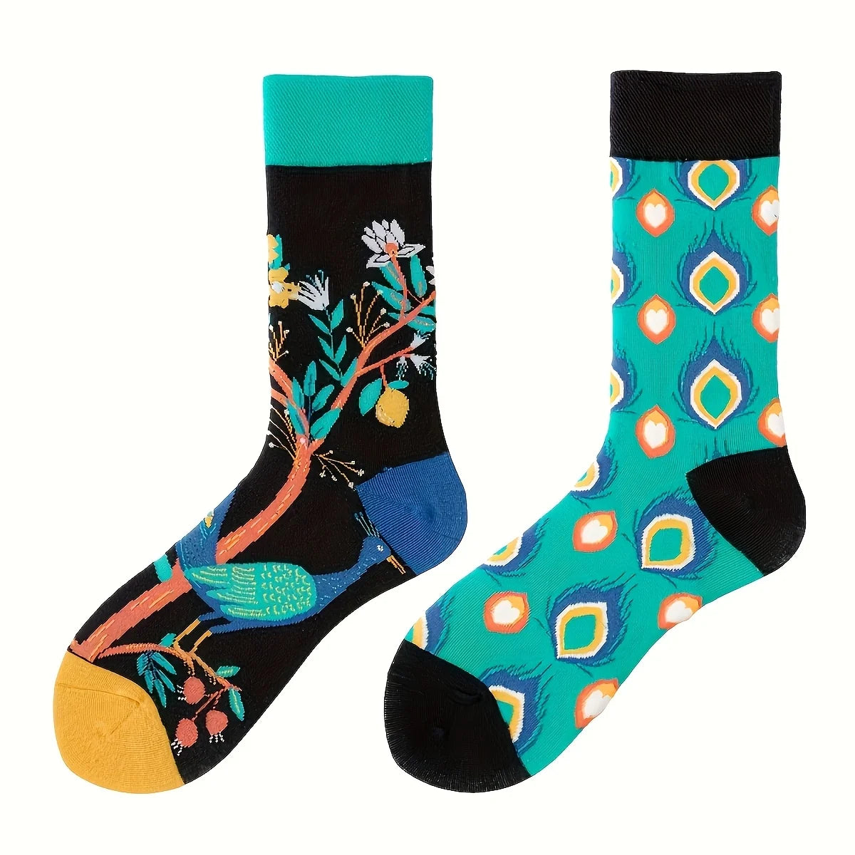 Cotton Blend Peacock Print Mid Calf Socks - 5