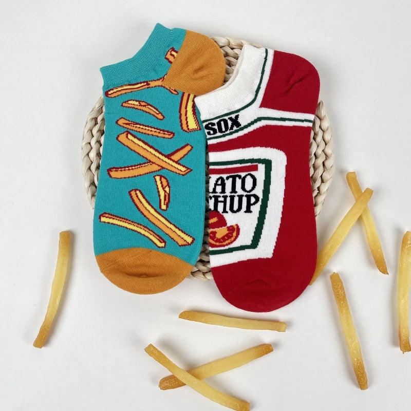 Cotton Blend French Fry and Ketchup Print Unisex Ankle Socks
