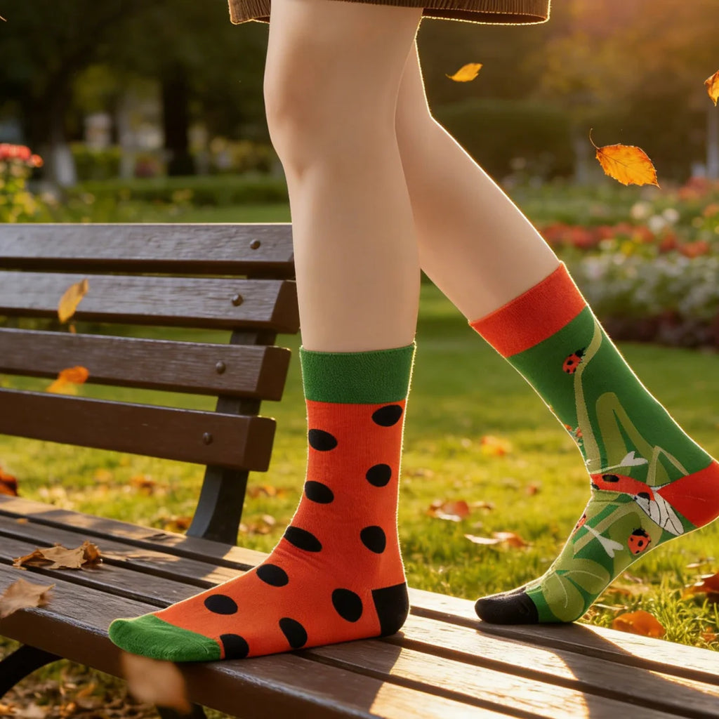 Cotton Blend Asymmetrical Ladybug Pattern Mid Calf Unisex Socks