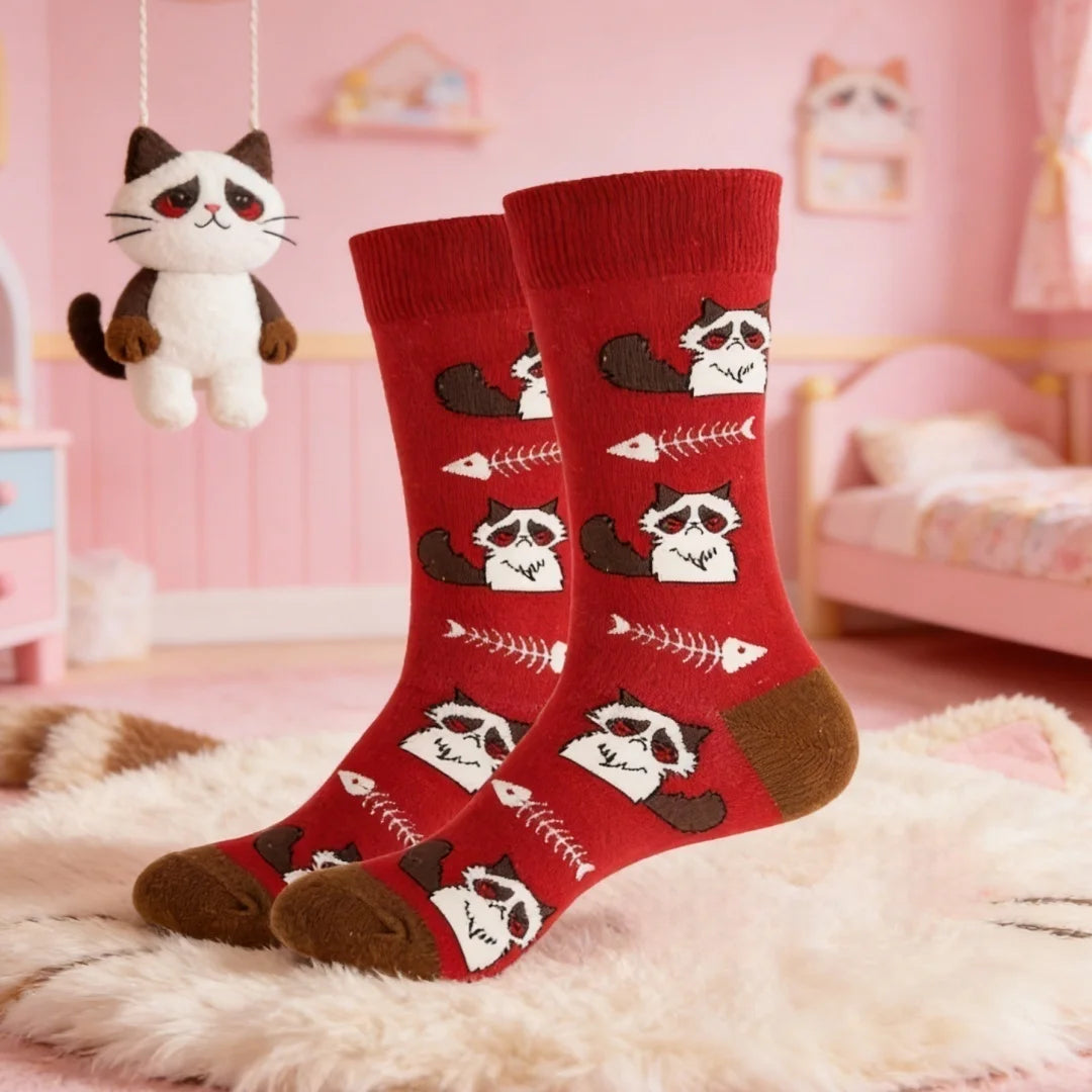 Cotton Polyester Cat Print Mid Calf Socks - 1