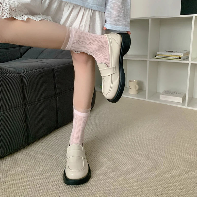 4 Pairs Polyester Elastane Lace Edge Mid Tube Socks - 10
