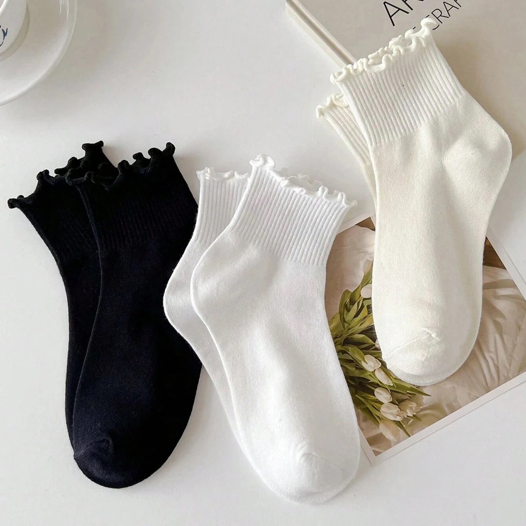 Polyester Elastane Ruffle Trim Mid Tube Crew Socks