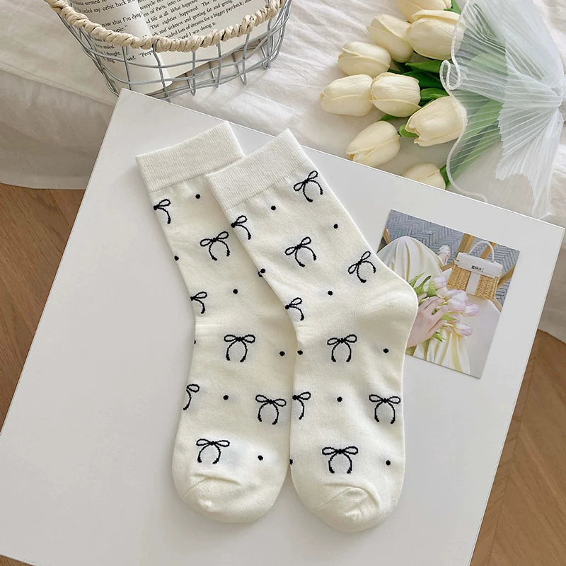 Polyester Elastane Bow Tie Casual Middle Tube Socks