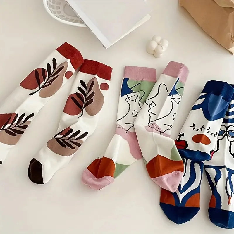5 Pairs Polyester Spandex Crew Socks Cartoon Art Print