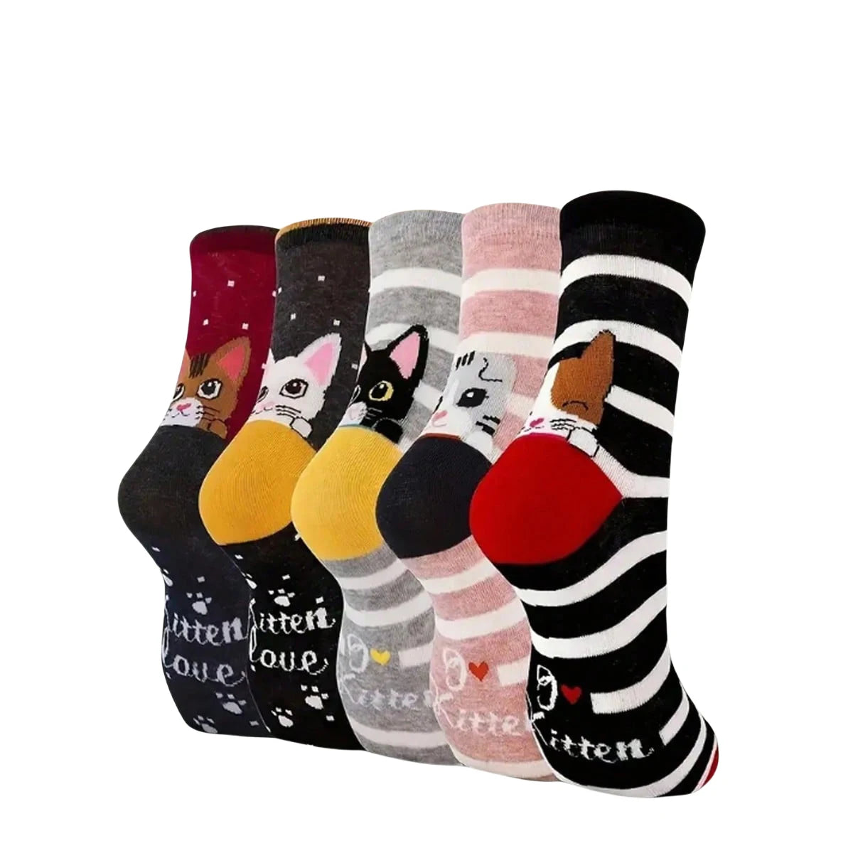 Polyester Elastane Crew Socks Cartoon Cat Pattern 5 Pairs - 9