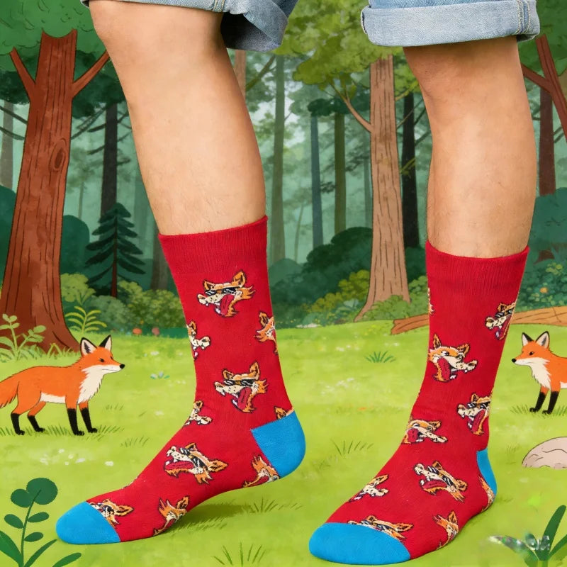 Cotton Blend Fox Print Mid Calf Casual Crew Socks