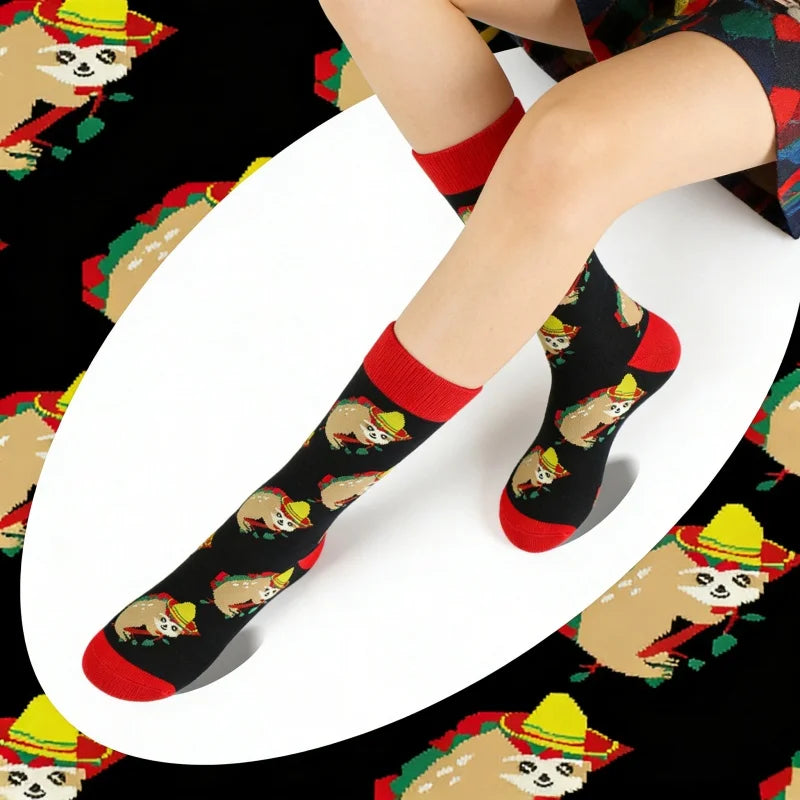 Polyester Elastane Sloth Pattern Mid Calf Casual Socks - 2