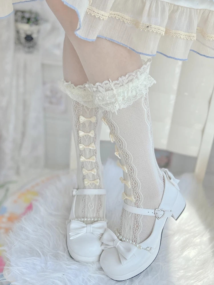 Nylon Lolita Lace Ruffle Knee High Socks with Bows
