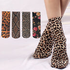 4 Pairs Womens Nylon Elastane Leopard Print Casual Socks
