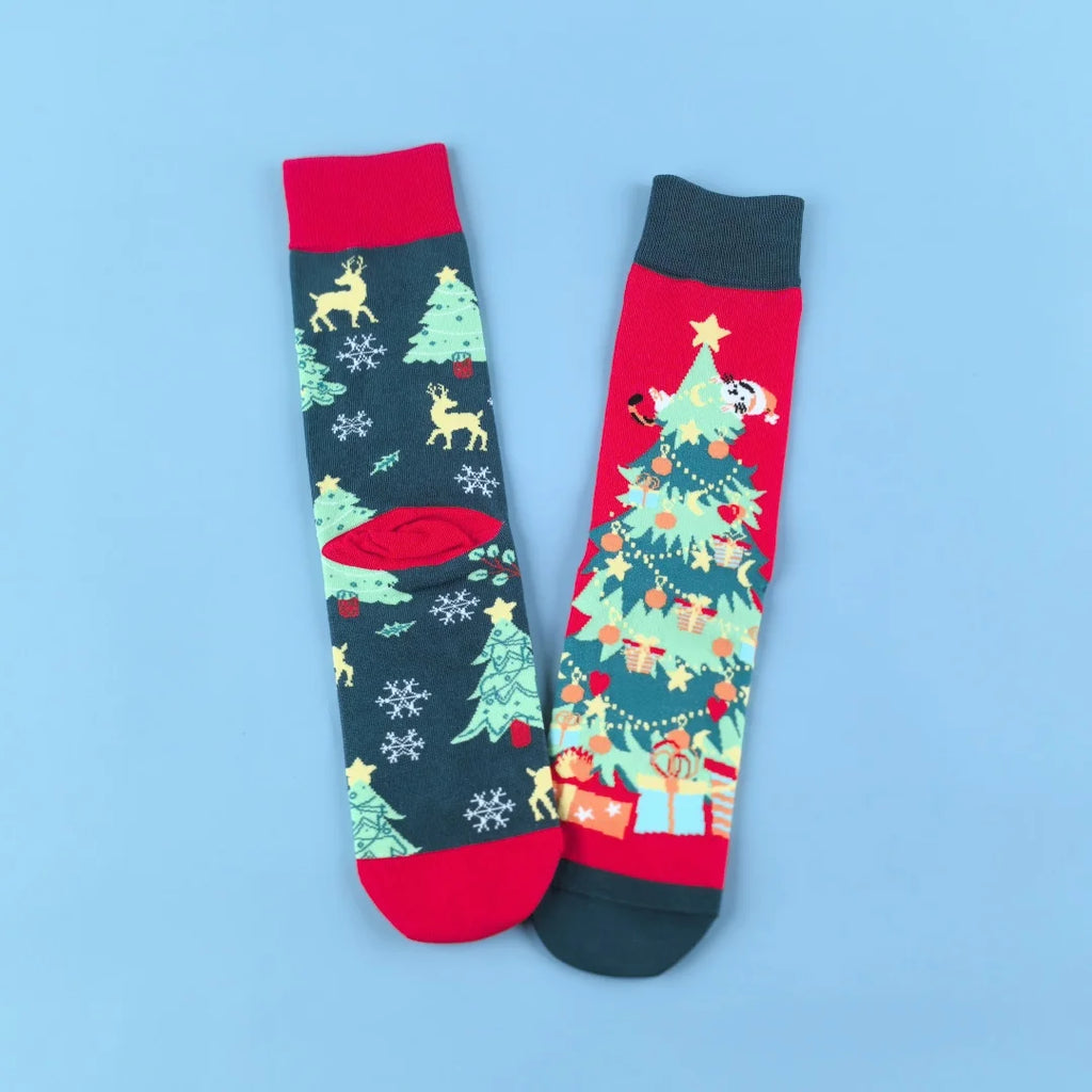 Cotton Blend Christmas Tree Print Mid Calf Socks