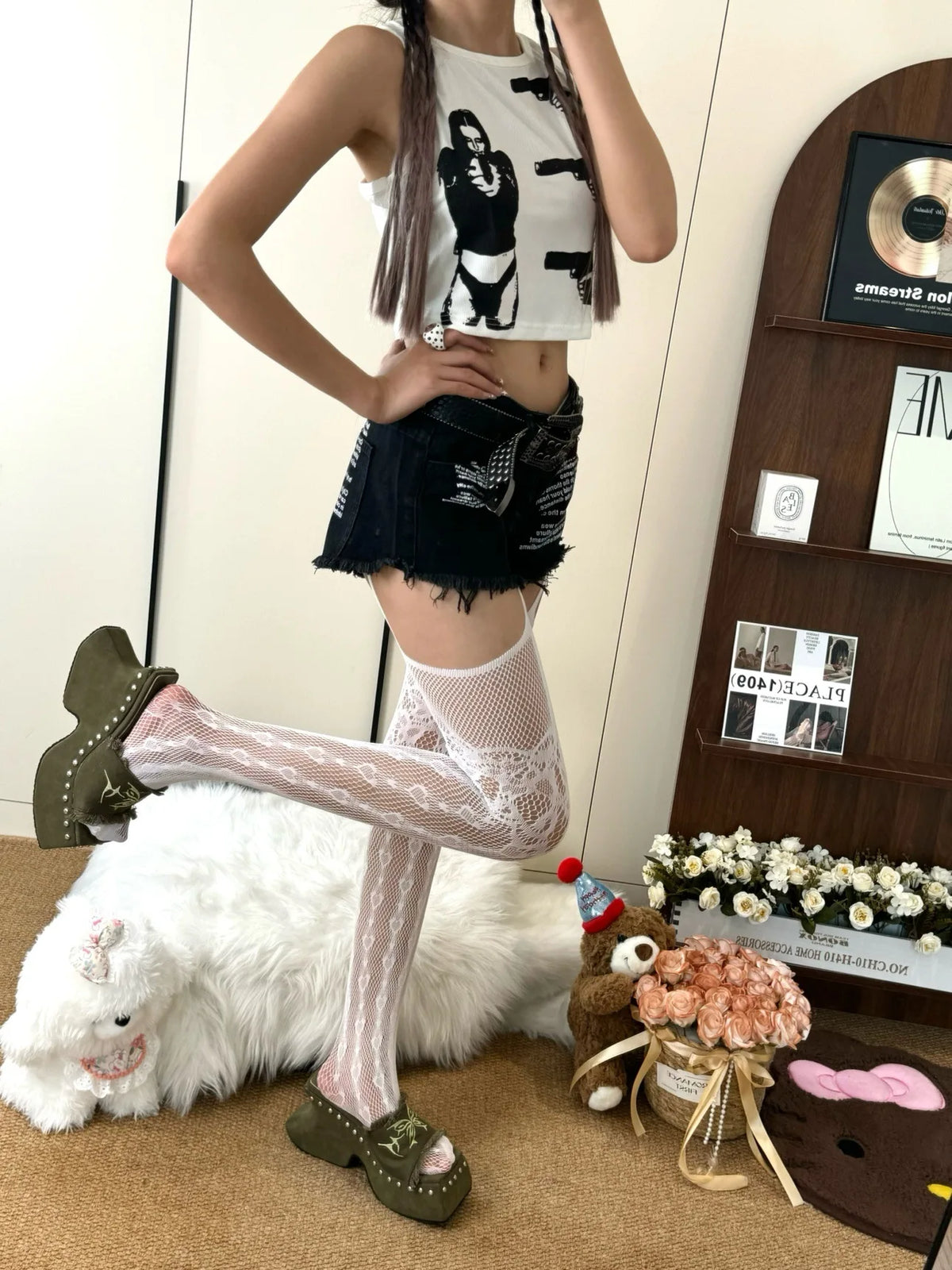 Floral Pattern Fishnet Garter Pantyhose