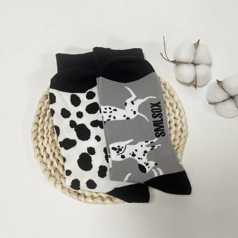 Cotton Blend Spotted Dog Print Unisex Mid Calf Crew Socks
